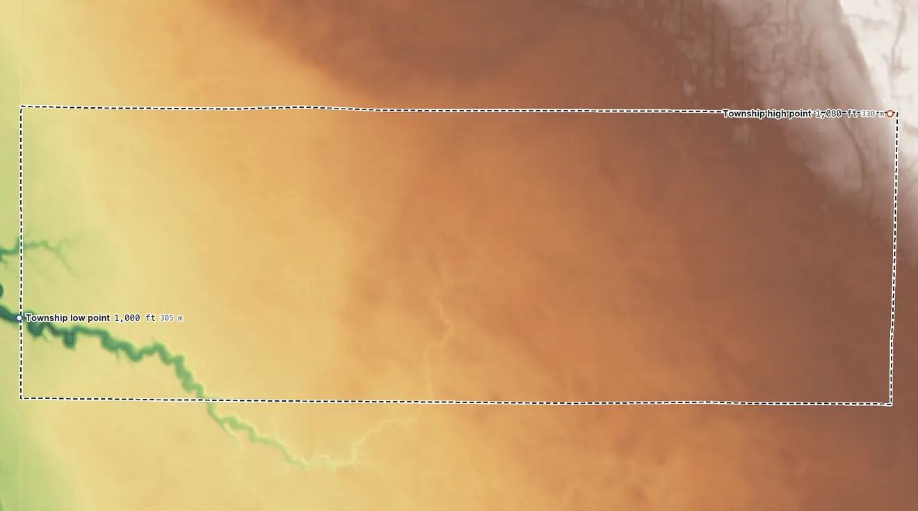 Topographic elevation map of Browns Creek Township, Minnesota, shaded from 1,000 ft on the west side to 1,080 ft on the east side