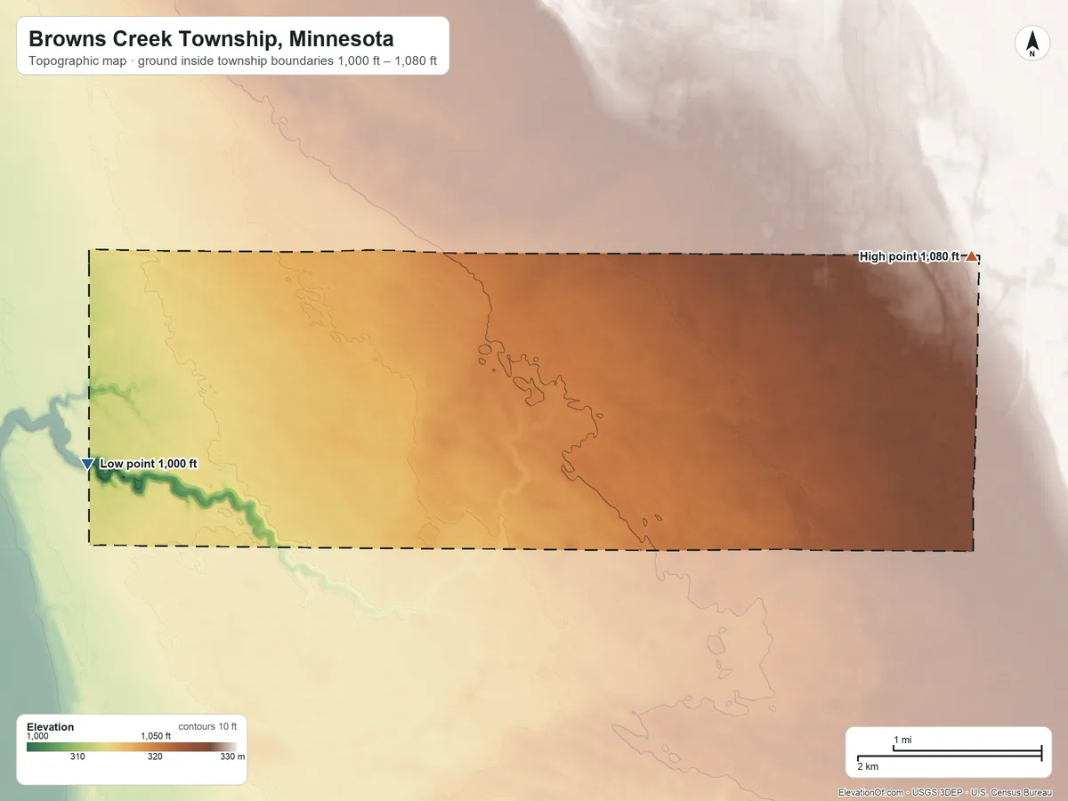 Topographic elevation map of Browns Creek Township, Minnesota, shaded from 1,000 ft on the west side to 1,080 ft on the east side