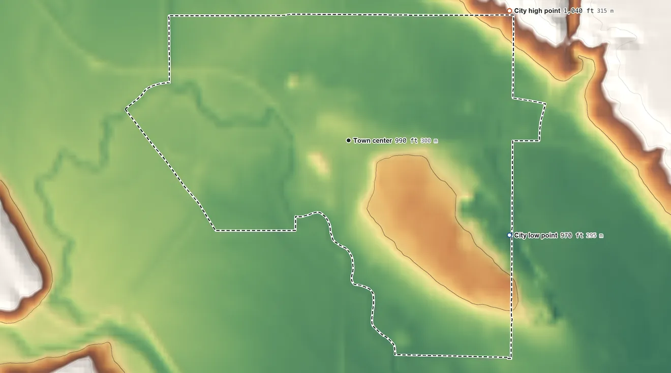 Topographic elevation map of Browns Valley, Minnesota, shaded from 970 ft on the southeast side to 1,040 ft on the northeast side