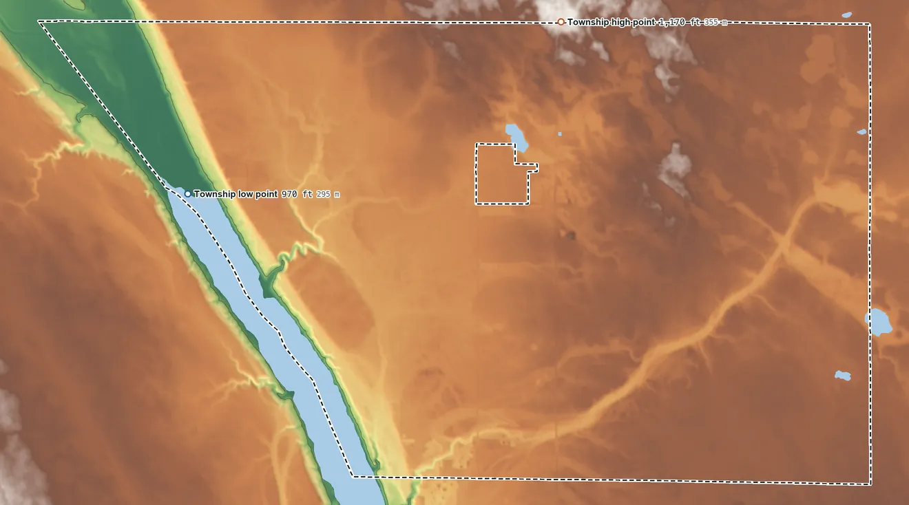 Topographic elevation map of Browns Valley Township, Minnesota, shaded from 970 ft on the west side to 1,170 ft on the north side