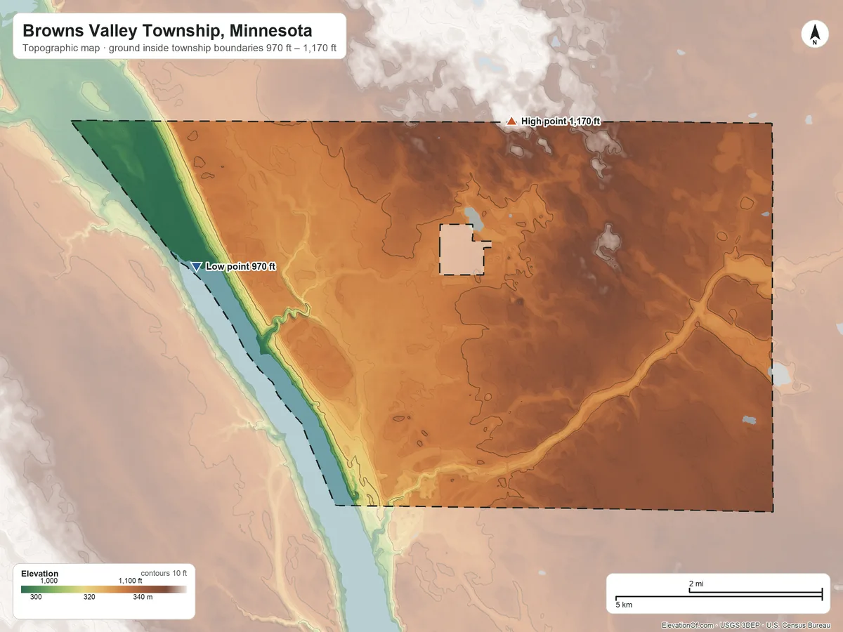 Topographic elevation map of Browns Valley Township, Minnesota, shaded from 970 ft on the west side to 1,170 ft on the north side