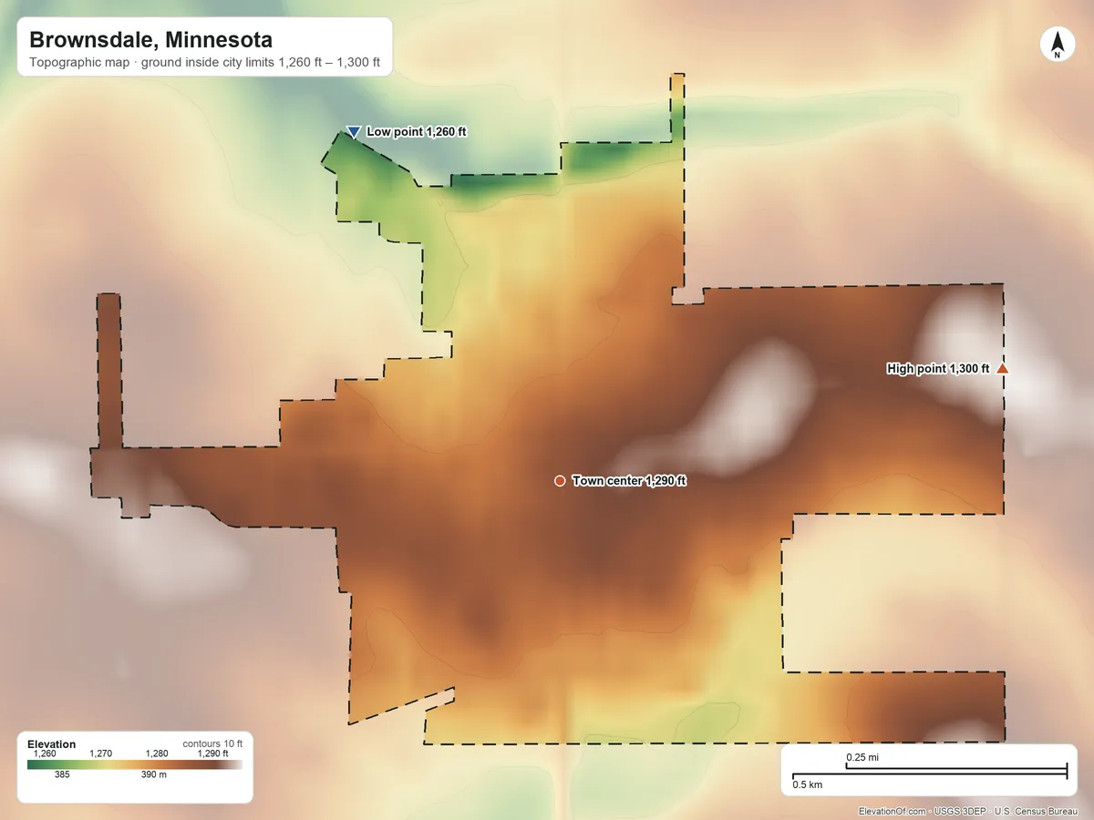Topographic elevation map of Brownsdale, Minnesota, shaded from 1,260 ft on the northwest side to 1,300 ft on the east side