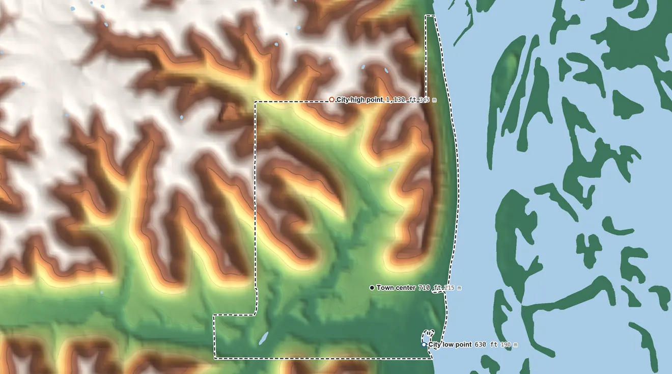 Topographic elevation map of Brownsville, Minnesota, shaded from 630 ft on the southeast side to 1,130 ft on the north side