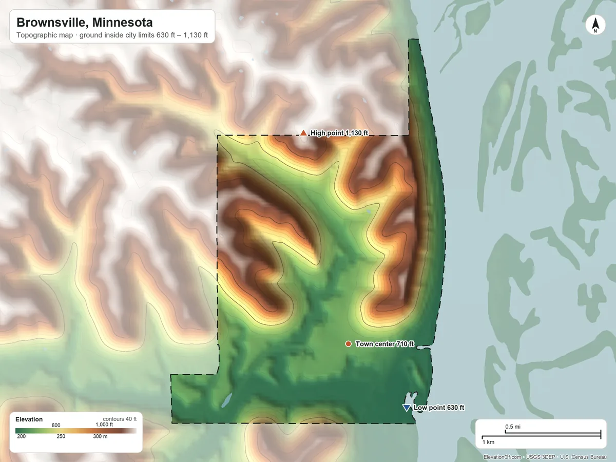 Topographic elevation map of Brownsville, Minnesota, shaded from 630 ft on the southeast side to 1,130 ft on the north side