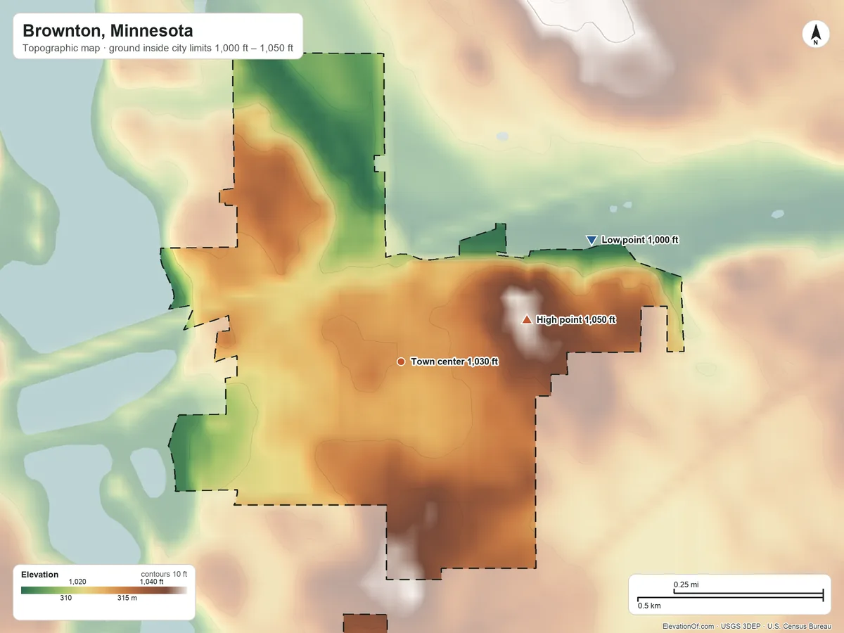 Topographic elevation map of Brownton, Minnesota, shaded from 1,000 ft on the northeast side to 1,050 ft on the east side