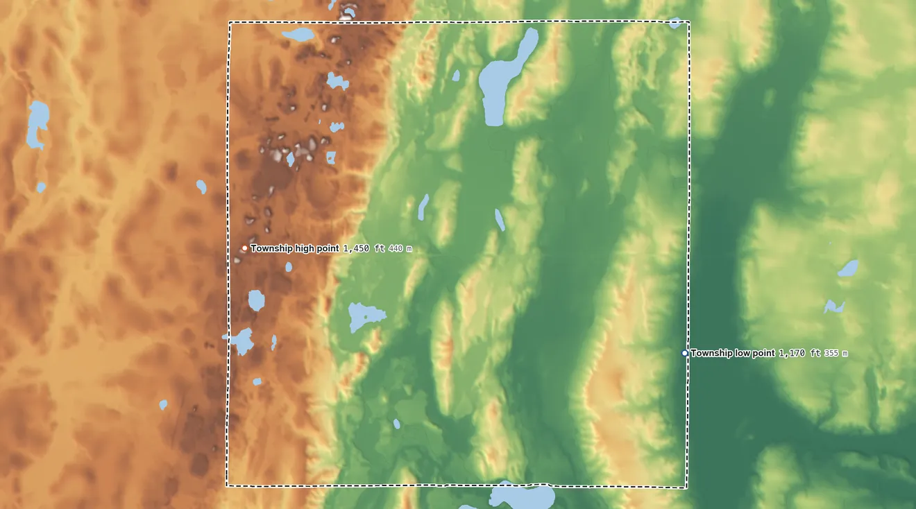 Topographic elevation map of Bruce Township, Minnesota, shaded from 1,170 ft on the east side to 1,450 ft on the west side