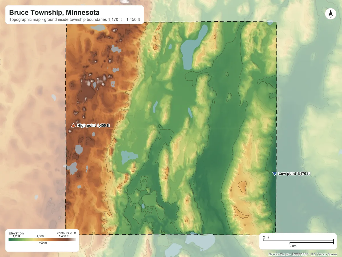 Topographic elevation map of Bruce Township, Minnesota, shaded from 1,170 ft on the east side to 1,450 ft on the west side