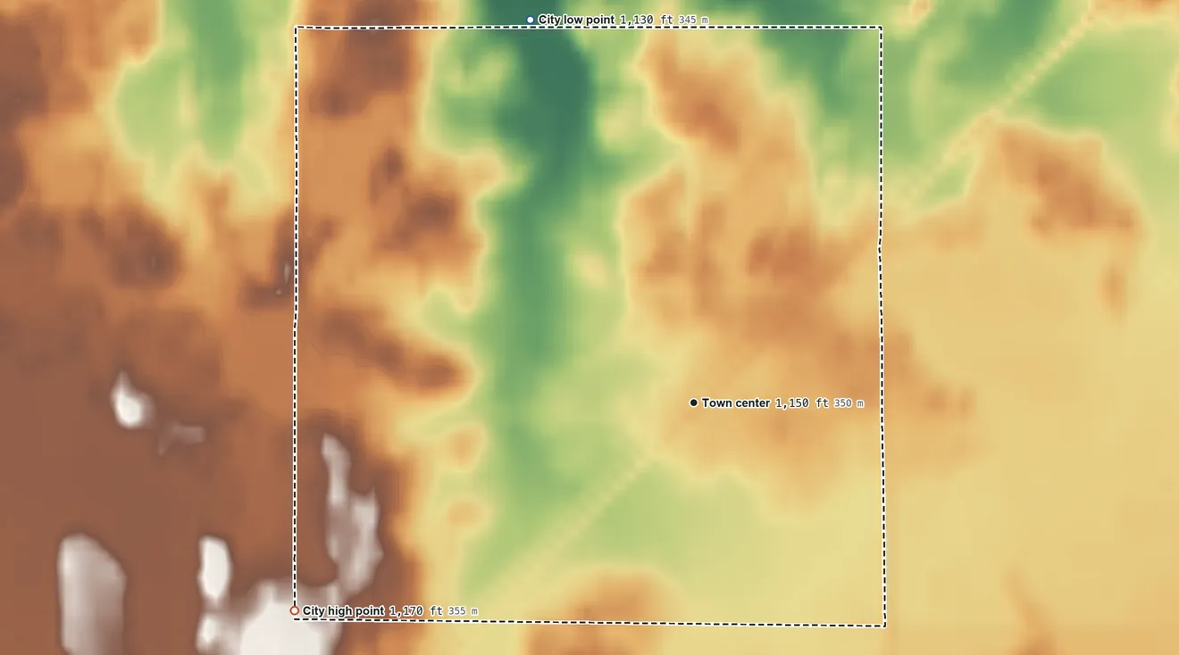 Topographic elevation map of Bruno, Minnesota, shaded from 1,130 ft on the northwest side to 1,170 ft on the southwest side