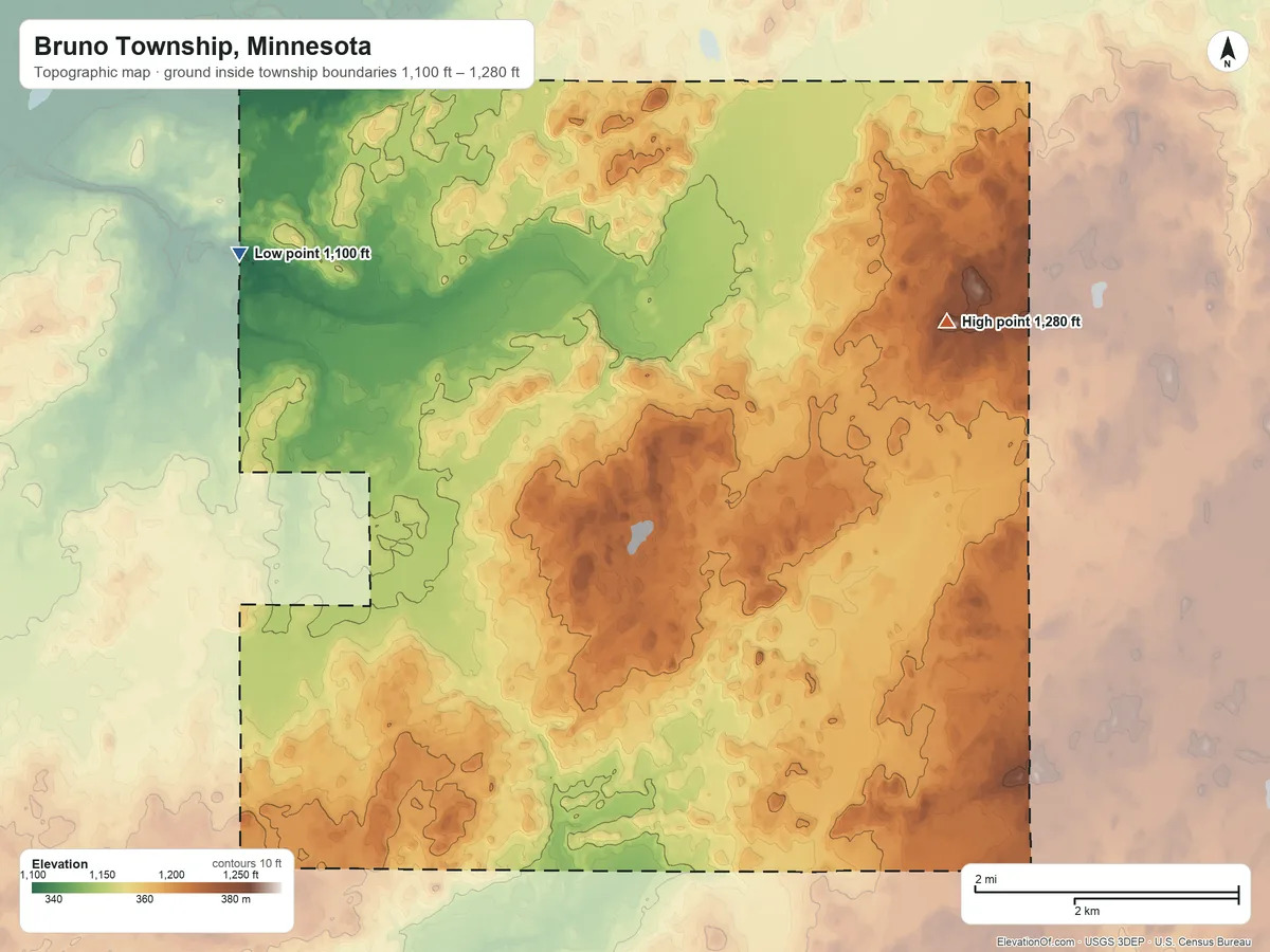Topographic elevation map of Bruno Township, Minnesota, shaded from 1,100 ft on the west side to 1,280 ft on the east side