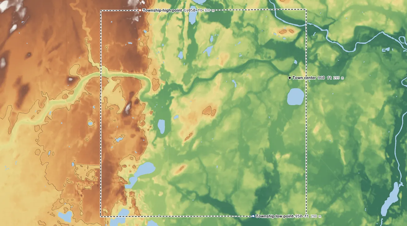 Topographic elevation map of Brunswick Township, Minnesota, shaded from 950 ft on the south side to 1,050 ft on the northwest side