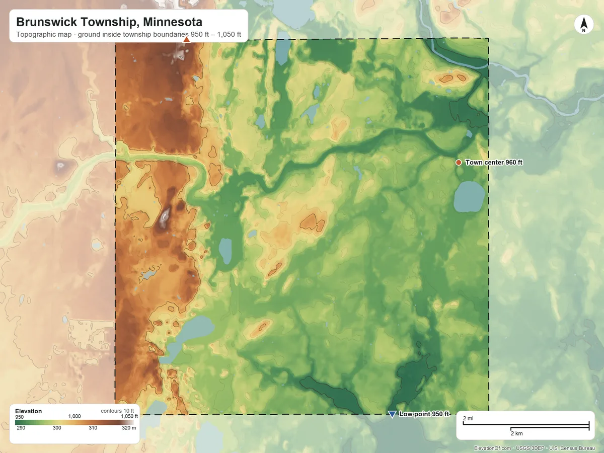 Topographic elevation map of Brunswick Township, Minnesota, shaded from 950 ft on the south side to 1,050 ft on the northwest side