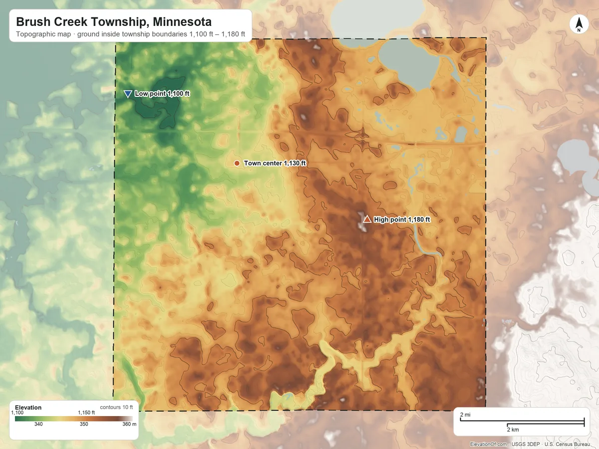 Topographic elevation map of Brush Creek Township, Minnesota, shaded from 1,100 ft on the northwest side to 1,180 ft on the southeast side