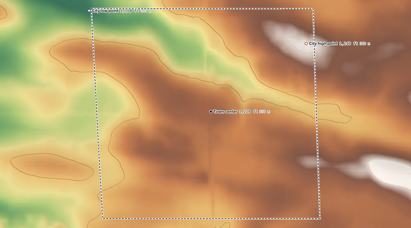 Topographic elevation map of Buckman, Minnesota, shaded from 1,160 ft on the northwest side to 1,240 ft on the northeast side