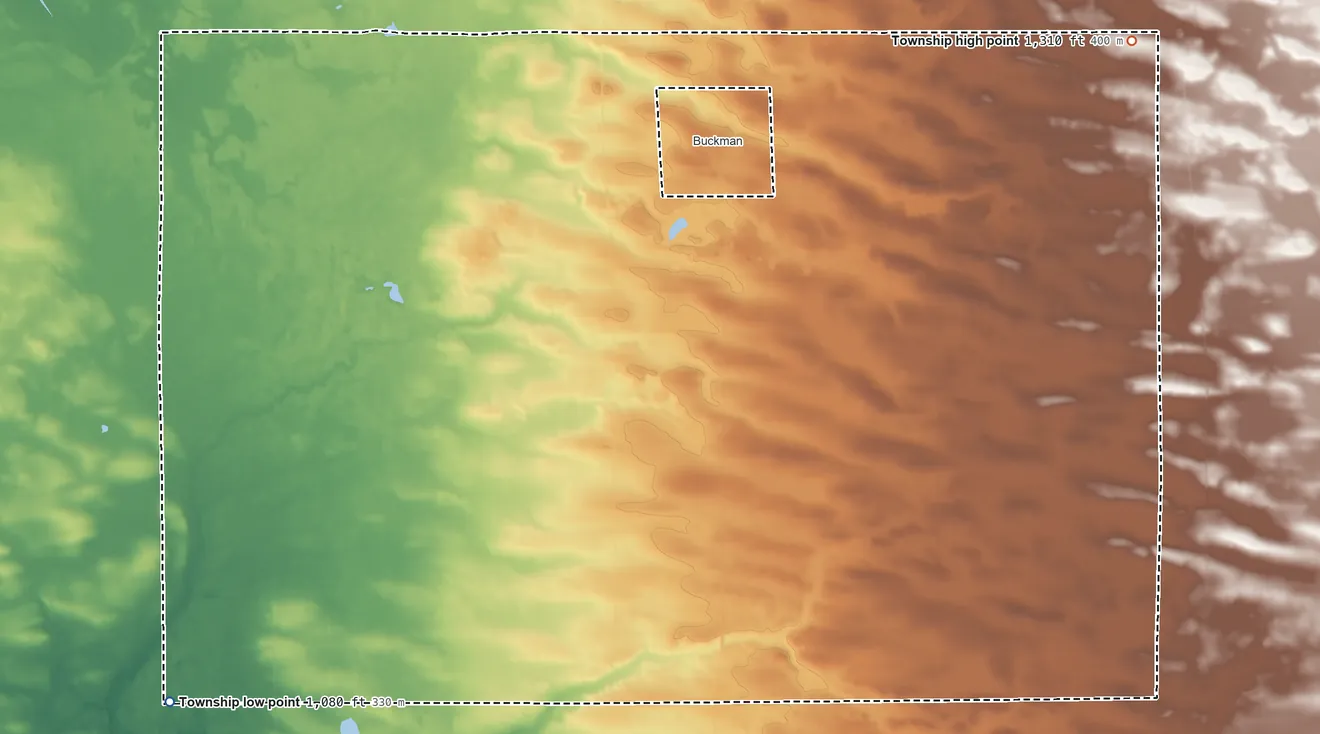 Topographic elevation map of Buckman Township, Minnesota, shaded from 1,080 ft on the southwest side to 1,310 ft on the northeast side