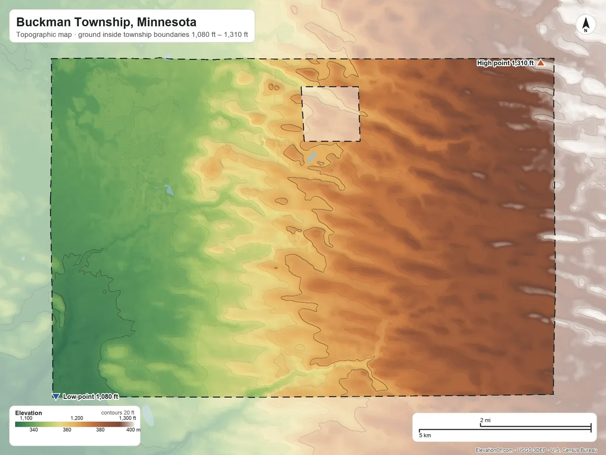 Topographic elevation map of Buckman Township, Minnesota, shaded from 1,080 ft on the southwest side to 1,310 ft on the northeast side