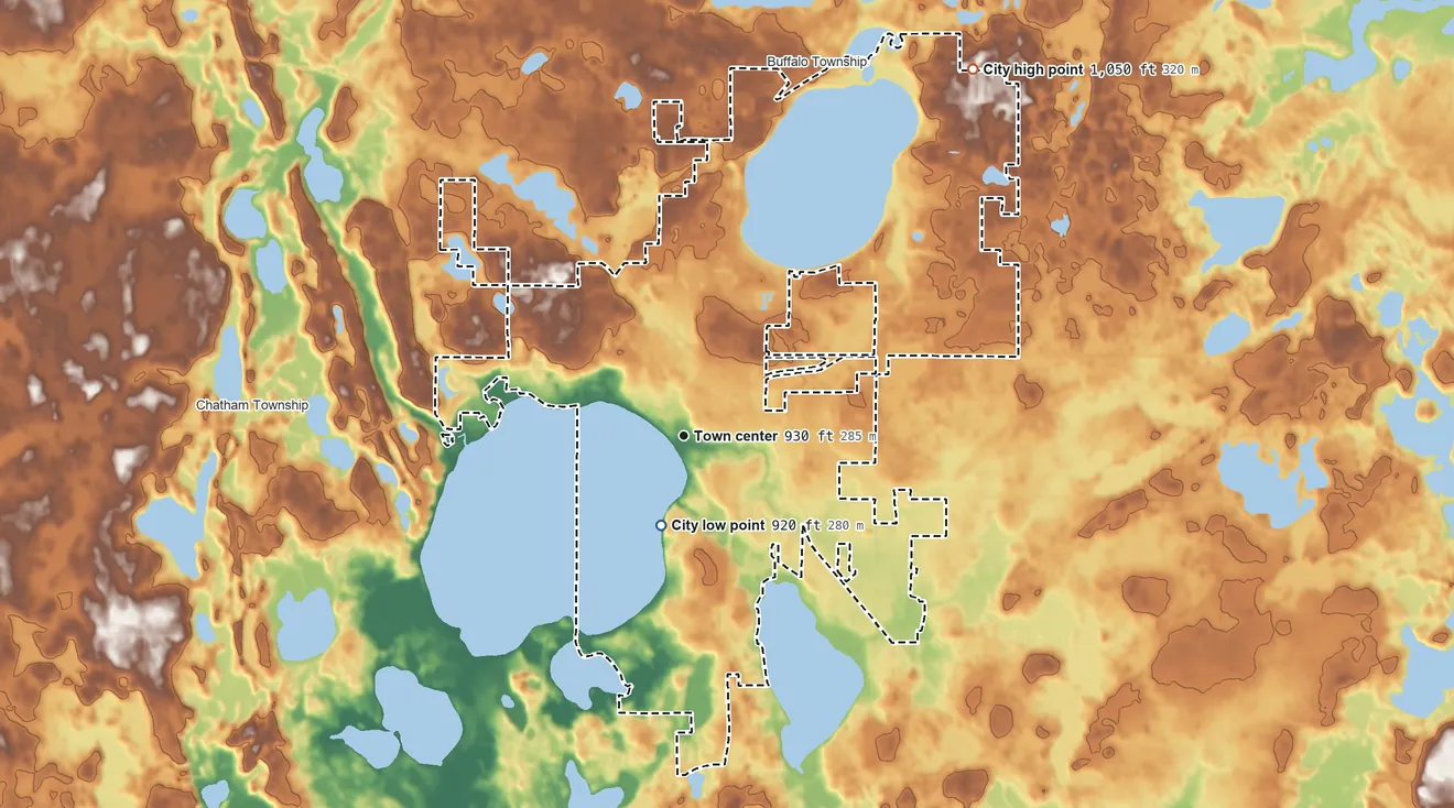 Topographic elevation map of Buffalo, Minnesota, shaded from 920 ft near the middle to 1,050 ft on the northeast side