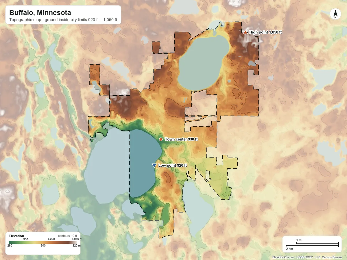 Topographic elevation map of Buffalo, Minnesota, shaded from 920 ft near the middle to 1,050 ft on the northeast side