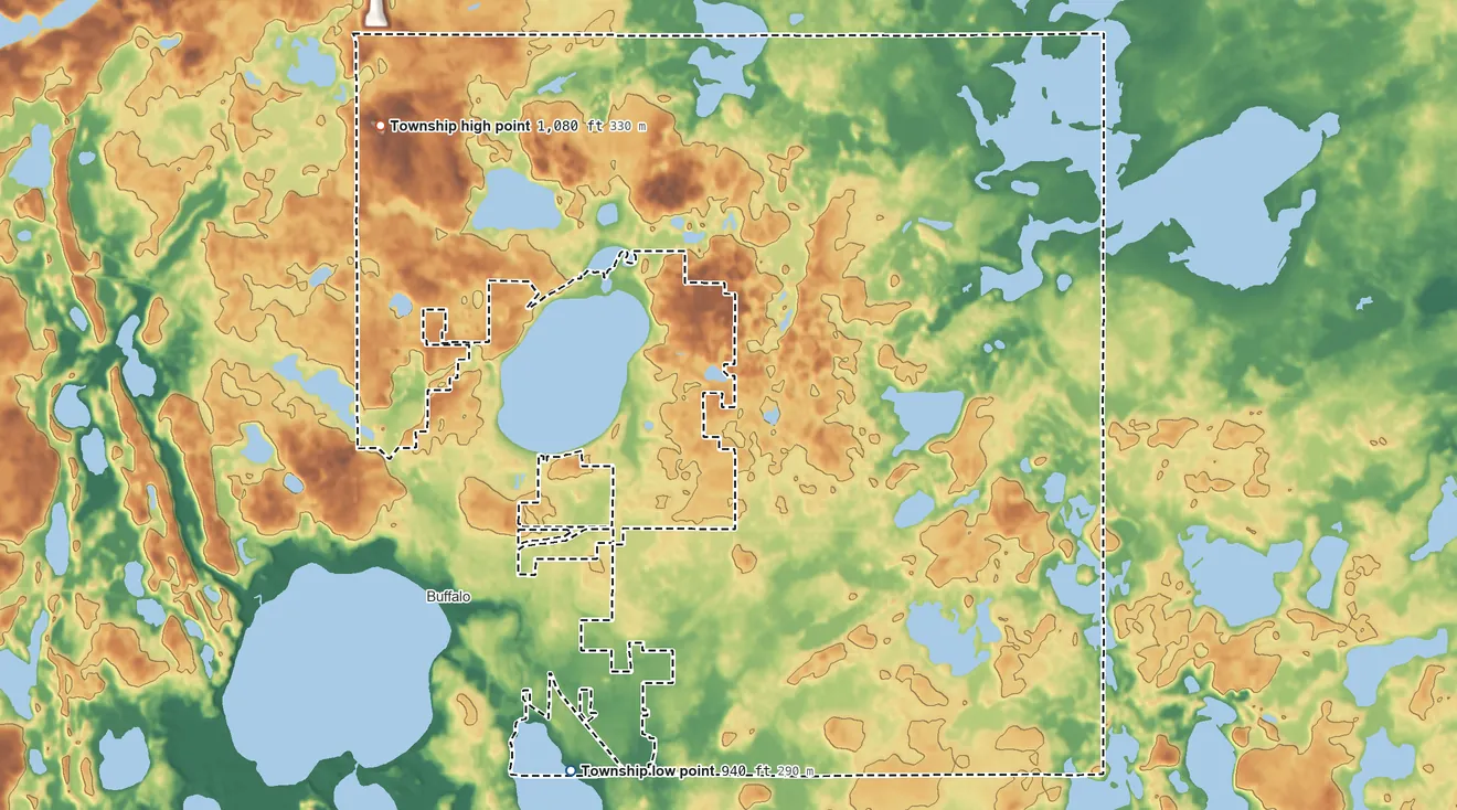 Topographic elevation map of Buffalo Township, Minnesota, shaded from 940 ft on the south side to 1,080 ft on the northwest side