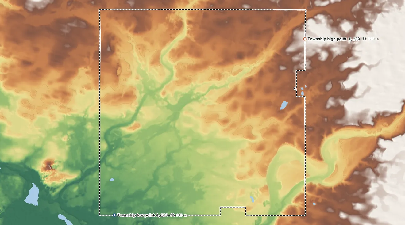 Topographic elevation map of Buh Township, Minnesota, shaded from 1,130 ft on the southwest side to 1,280 ft on the northeast side