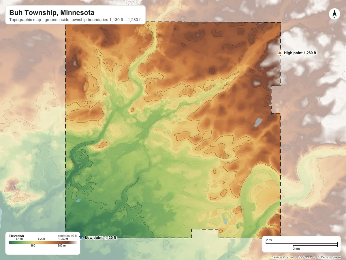 Topographic elevation map of Buh Township, Minnesota, shaded from 1,130 ft on the southwest side to 1,280 ft on the northeast side