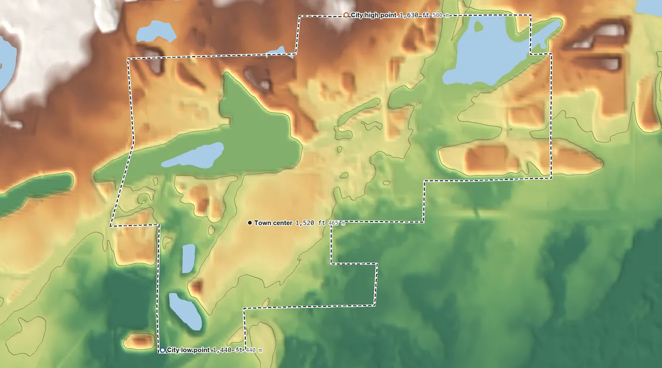 Topographic elevation map of Buhl, Minnesota, shaded from 1,440 ft on the southwest side to 1,630 ft on the northeast side