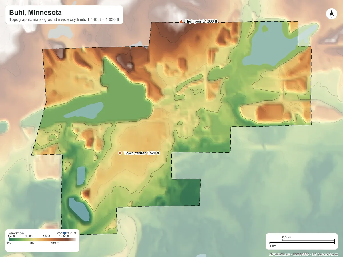 Topographic elevation map of Buhl, Minnesota, shaded from 1,440 ft on the southwest side to 1,630 ft on the northeast side