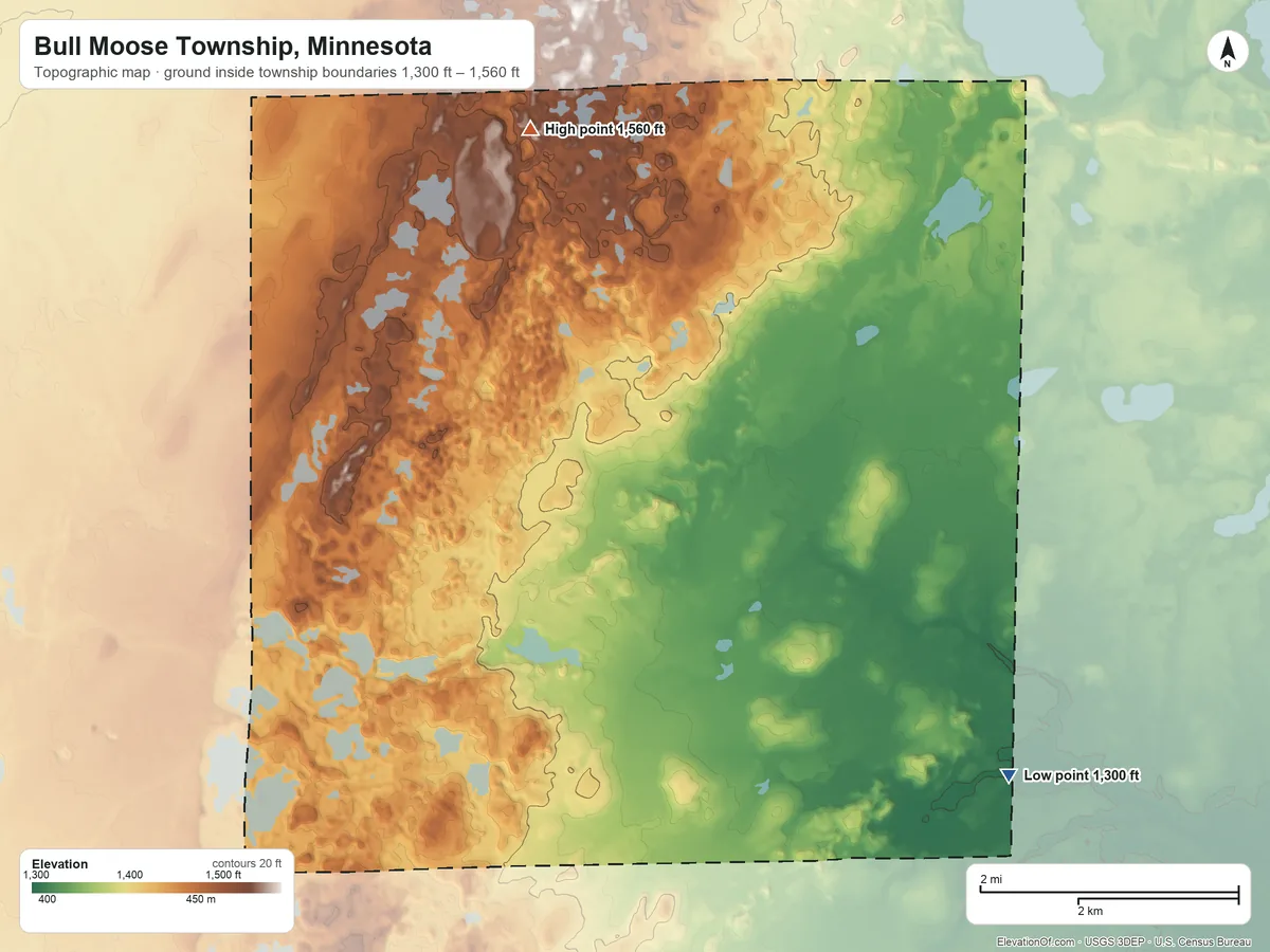 Topographic elevation map of Bull Moose Township, Minnesota, shaded from 1,300 ft on the south side to 1,560 ft on the northwest side