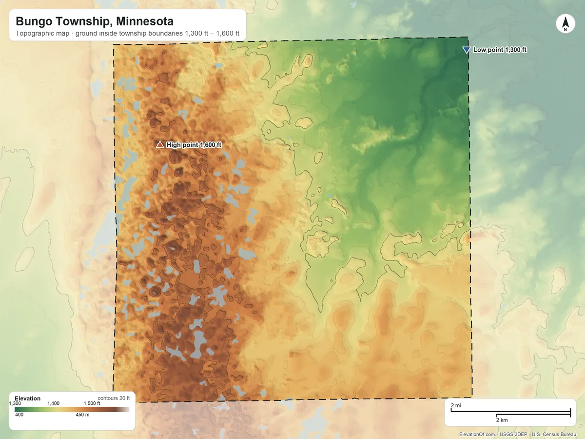 Topographic elevation map of Bungo Township, Minnesota, shaded from 1,300 ft on the northeast side to 1,600 ft on the west side