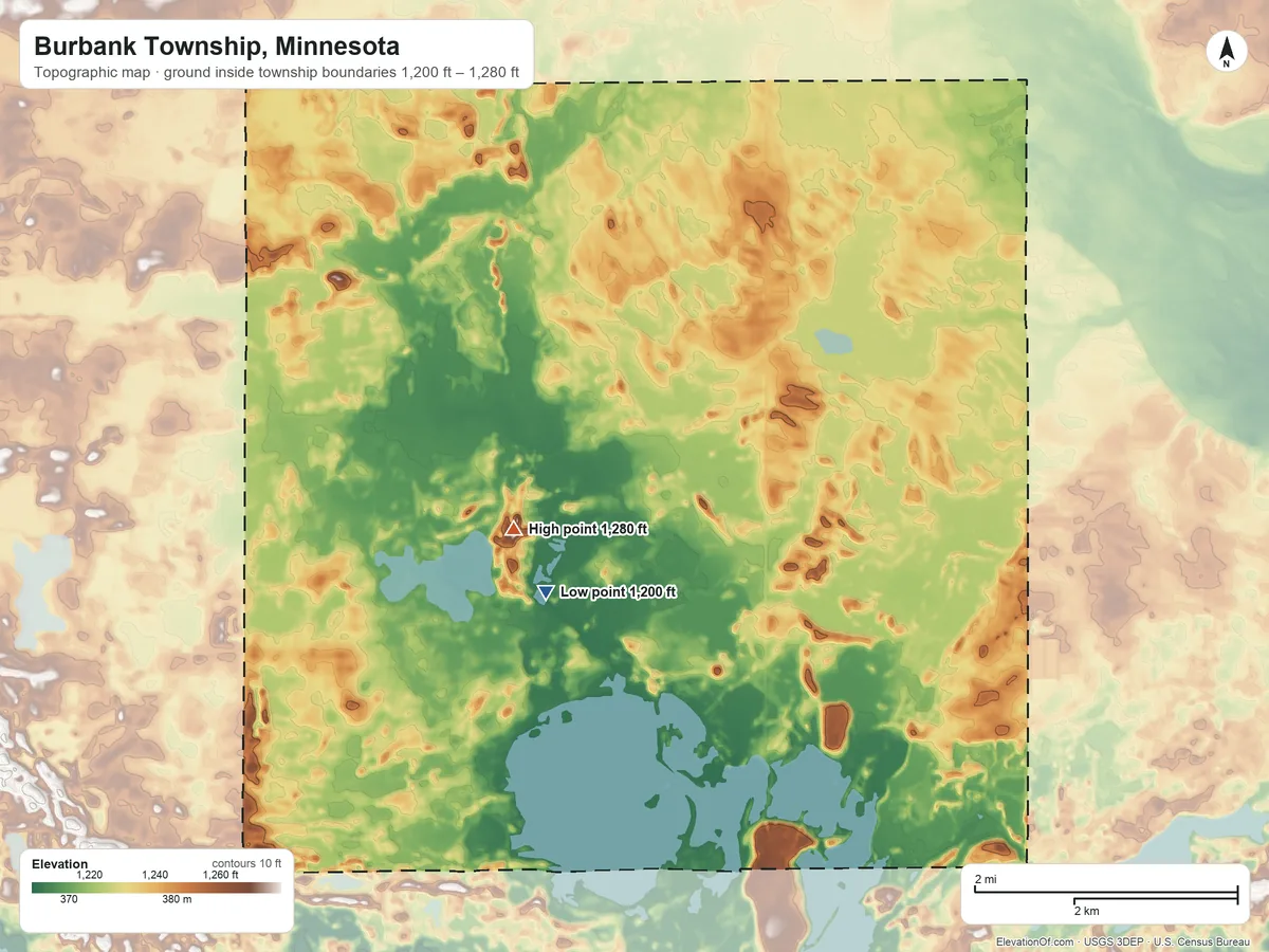 Topographic elevation map of Burbank Township, Minnesota, shaded from 1,200 ft near the middle to 1,280 ft near the middle