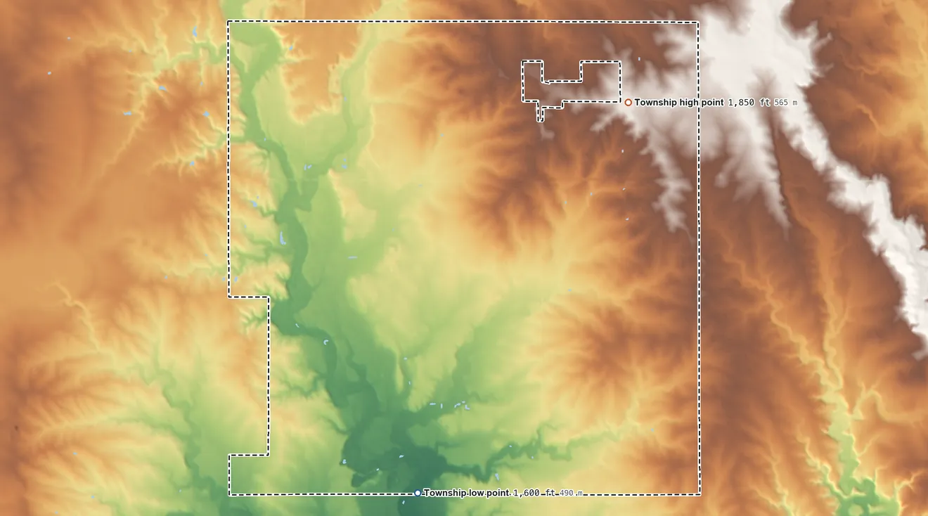 Topographic elevation map of Burke Township, Minnesota, shaded from 1,600 ft on the south side to 1,850 ft on the northeast side