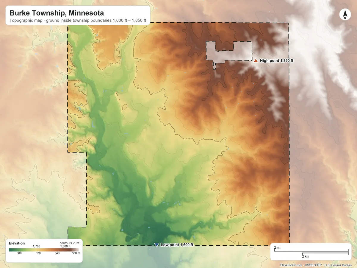 Topographic elevation map of Burke Township, Minnesota, shaded from 1,600 ft on the south side to 1,850 ft on the northeast side