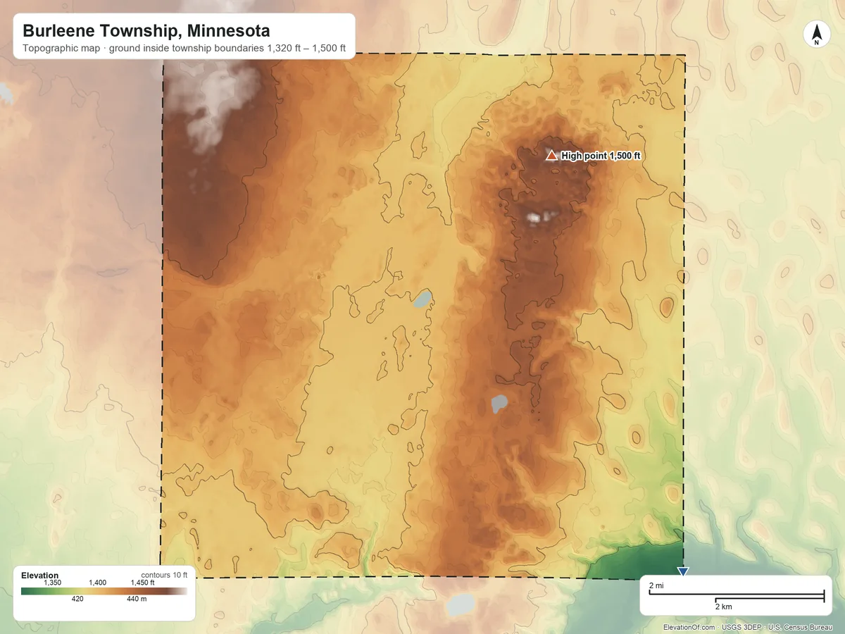 Topographic elevation map of Burleene Township, Minnesota, shaded from 1,320 ft on the southeast side to 1,500 ft on the northeast side