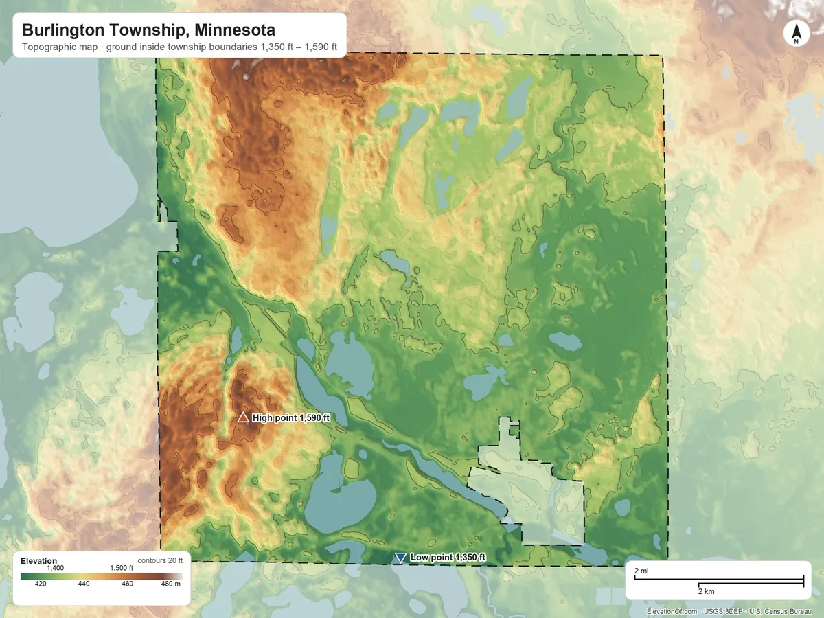 Topographic elevation map of Burlington Township, Minnesota, shaded from 1,350 ft on the southeast side to 1,590 ft on the southwest side