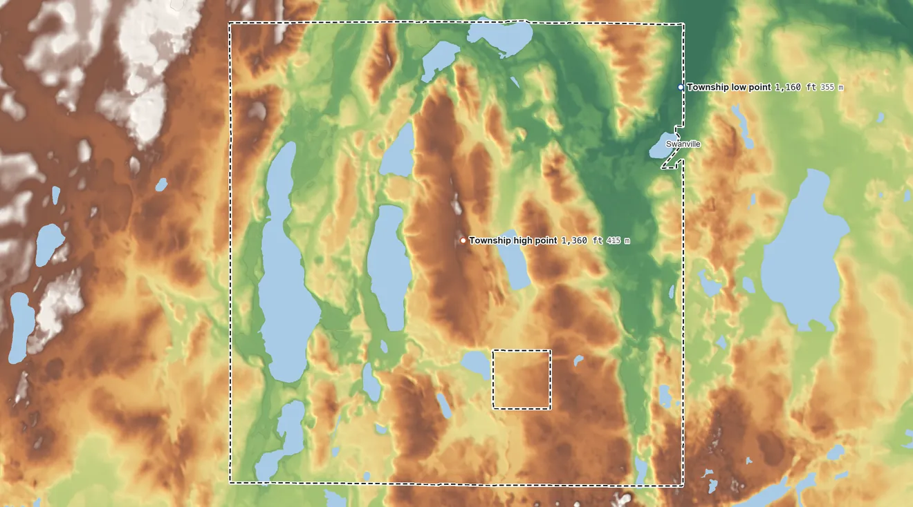Topographic elevation map of Burnhamville Township, Minnesota, shaded from 1,160 ft on the northeast side to 1,360 ft near the middle