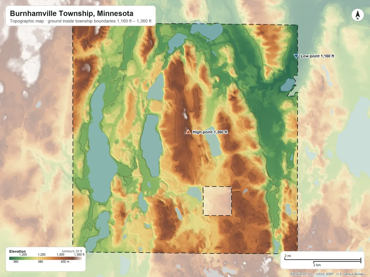 Topographic elevation map of Burnhamville Township, Minnesota, shaded from 1,160 ft on the northeast side to 1,360 ft near the middle