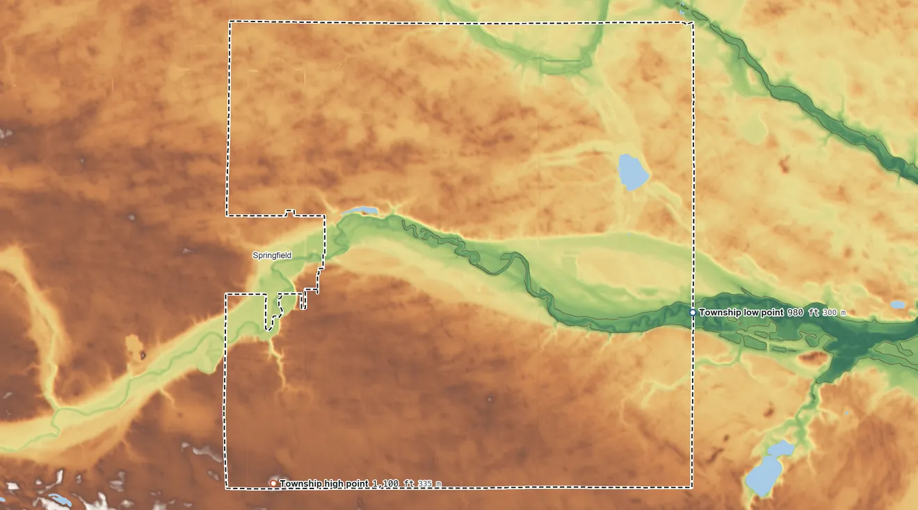 Topographic elevation map of Burnstown Township, Minnesota, shaded from 980 ft on the east side to 1,100 ft on the southwest side