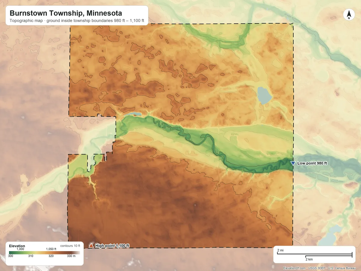 Topographic elevation map of Burnstown Township, Minnesota, shaded from 980 ft on the east side to 1,100 ft on the southwest side