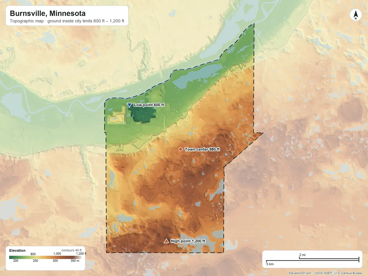 Topographic elevation map of Burnsville, Minnesota, shaded from 600 ft on the northwest side to 1,200 ft on Buck Hill