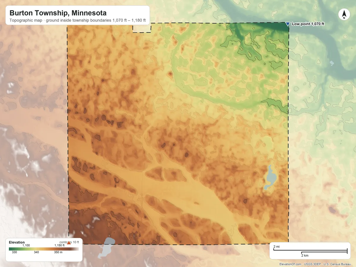 Topographic elevation map of Burton Township, Minnesota, shaded from 1,070 ft on the northeast side to 1,180 ft on the southwest side