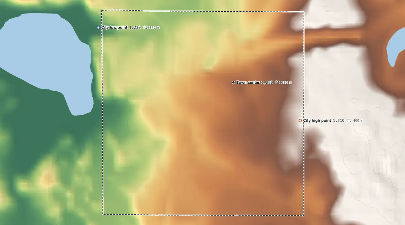 Topographic elevation map of Burtrum, Minnesota, shaded from 1,230 ft on the west side to 1,310 ft on the southeast side