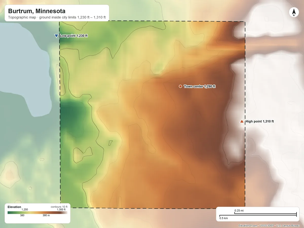 Topographic elevation map of Burtrum, Minnesota, shaded from 1,230 ft on the west side to 1,310 ft on the southeast side