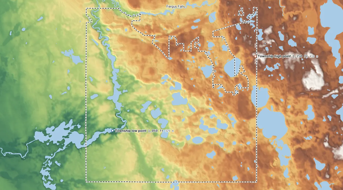 Topographic elevation map of Buse Township, Minnesota, shaded from 1,060 ft on the southwest side to 1,350 ft on the east side