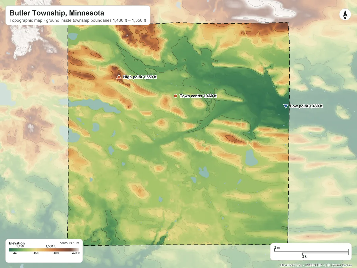 Topographic elevation map of Butler Township, Minnesota, shaded from 1,430 ft on the east side to 1,550 ft on the west side