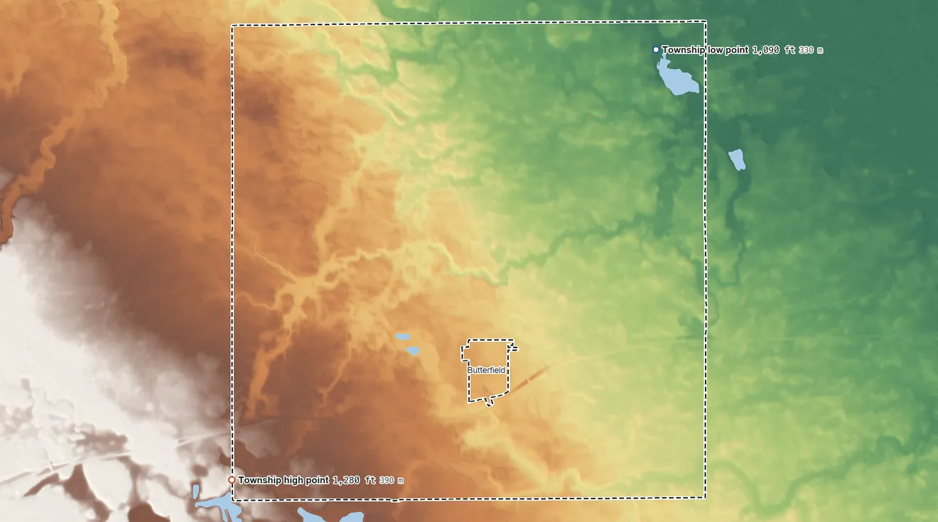 Topographic elevation map of Butterfield Township, Minnesota, shaded from 1,090 ft on the northeast side to 1,280 ft on the southwest side