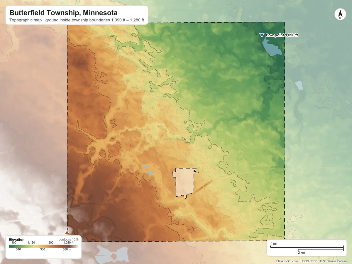 Topographic elevation map of Butterfield Township, Minnesota, shaded from 1,090 ft on the northeast side to 1,280 ft on the southwest side