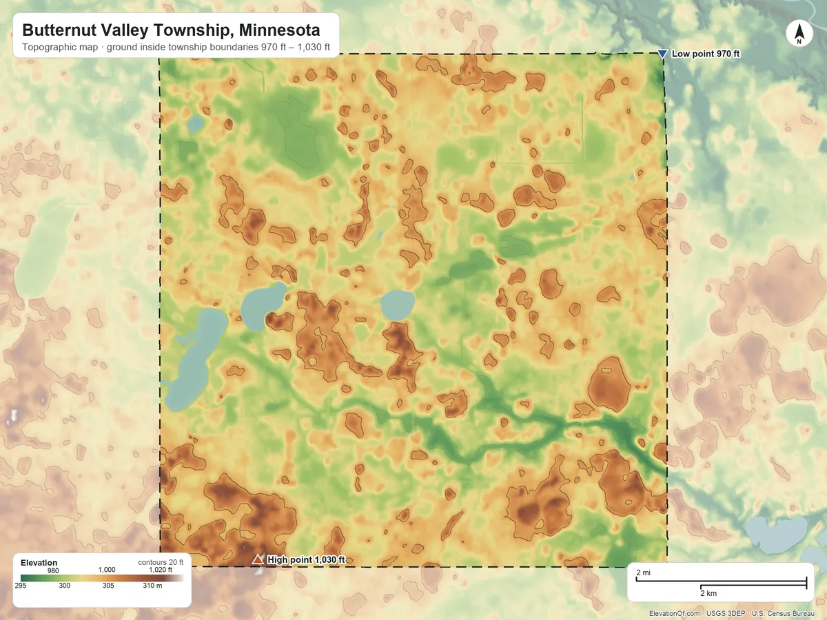 Topographic elevation map of Butternut Valley Township, Minnesota, shaded from 970 ft on the northeast side to 1,030 ft on the southwest side