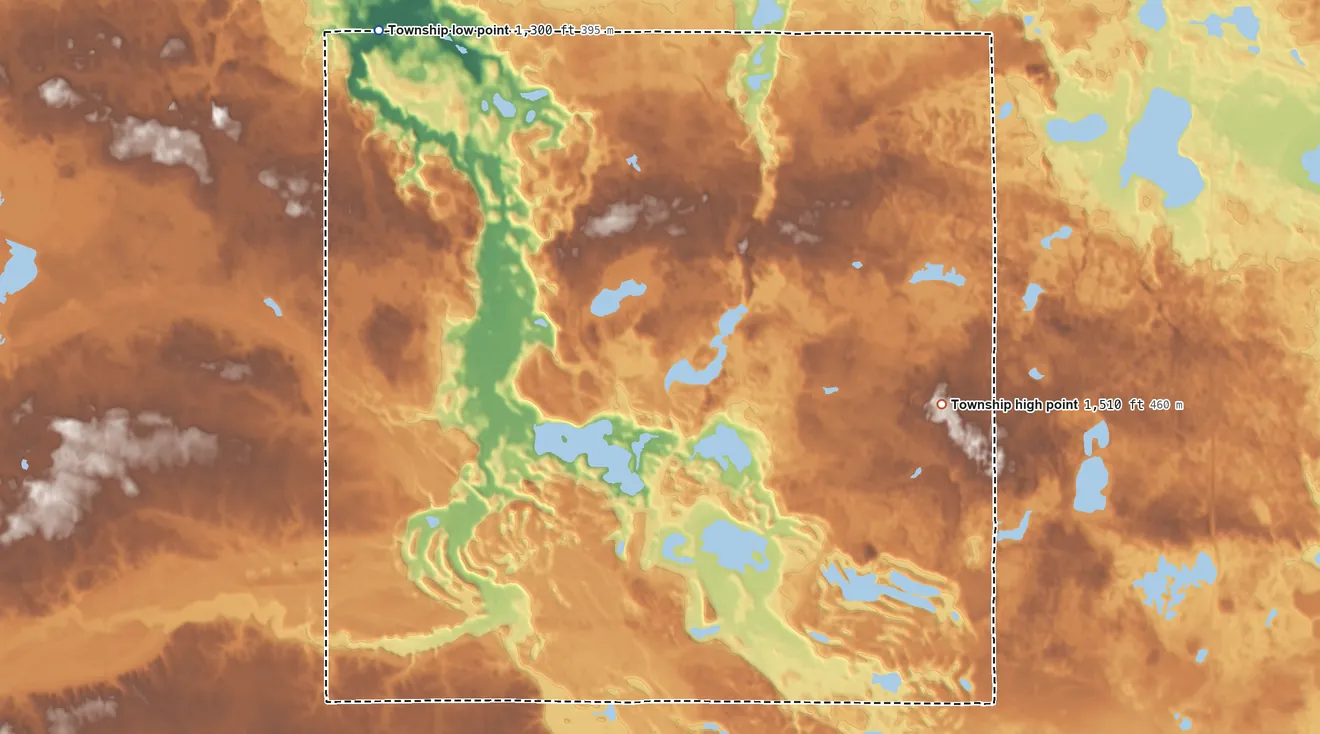 Topographic elevation map of Buzzle Township, Minnesota, shaded from 1,300 ft on the northwest side to 1,510 ft on the east side