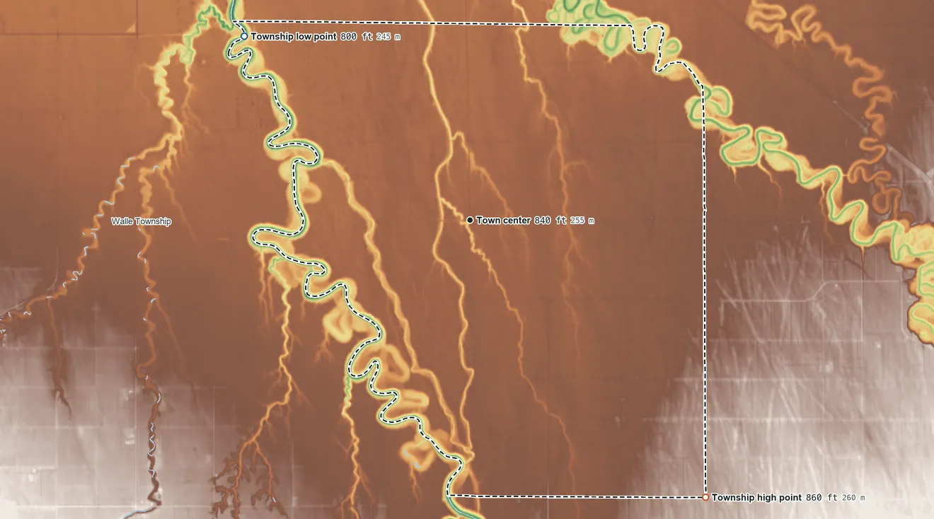 Topographic elevation map of Bygland Township, Minnesota, shaded from 800 ft on the northwest side to 860 ft on the southeast side