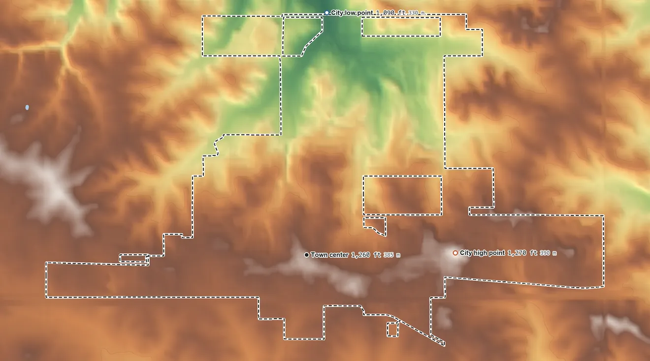 Topographic elevation map of Byron, Minnesota, shaded from 1,090 ft on the north side to 1,270 ft on the east side