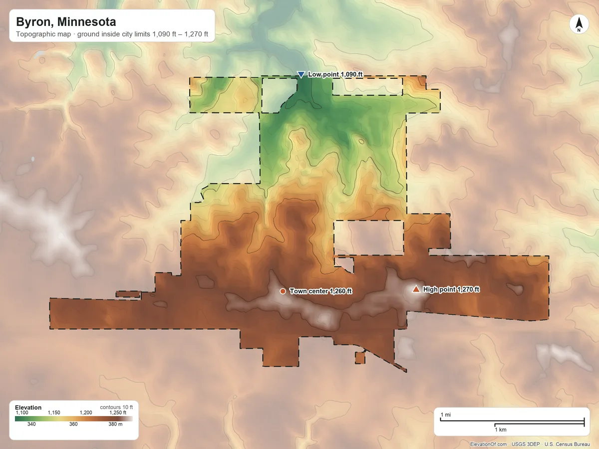 Topographic elevation map of Byron, Minnesota, shaded from 1,090 ft on the north side to 1,270 ft on the east side